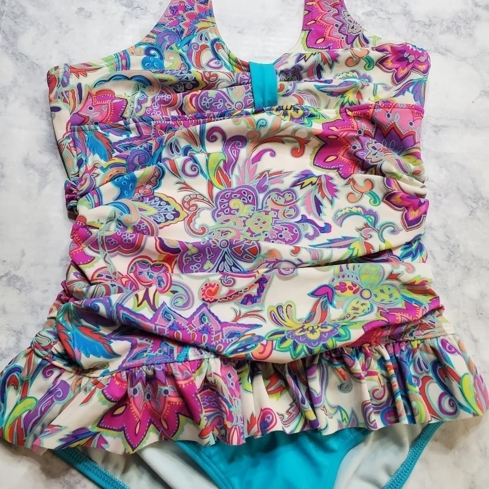 Lands' End Swimsuit Girls‎ 14 Paisley 1 piece Blue Pink Halter Beach